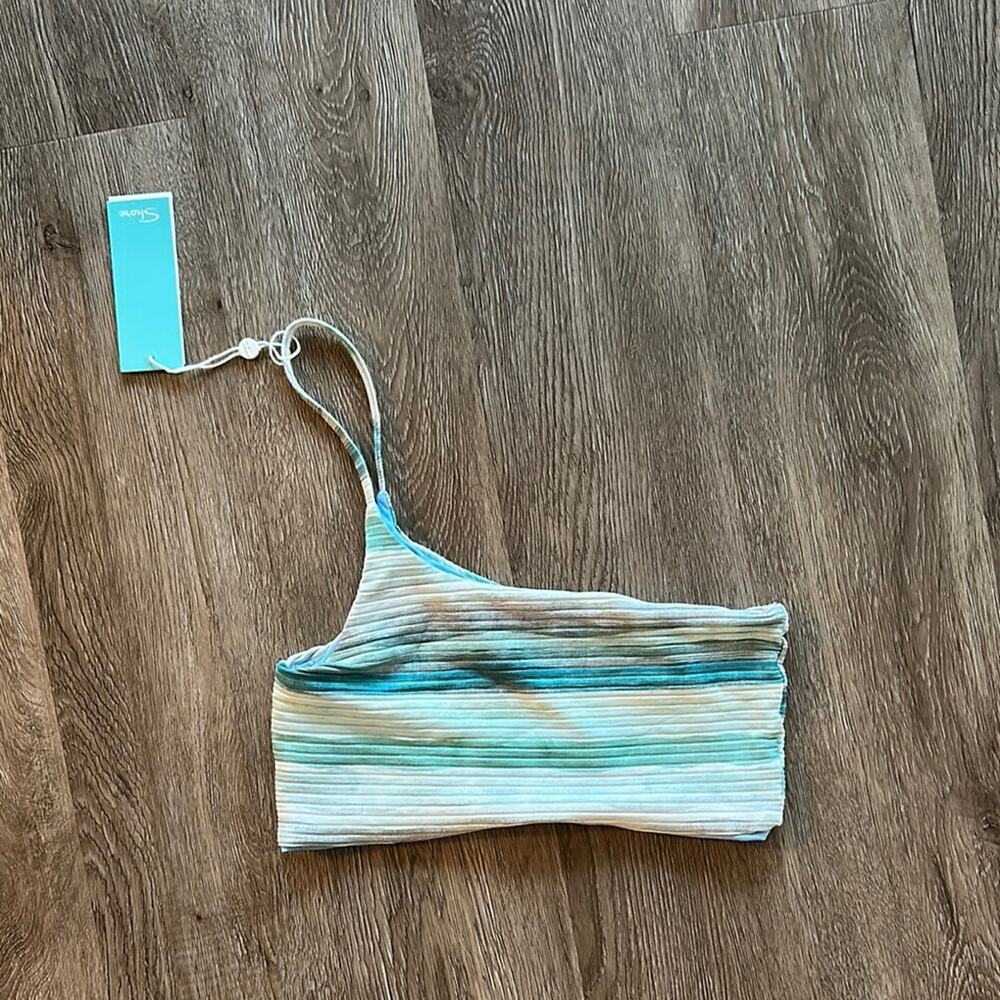 NWT Shore Tulum One Shoulder Bikini Top Multi Color Stripe Size Medium